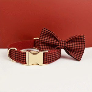 Adjustable Plaid Dog Collar with Matching Bow Tie