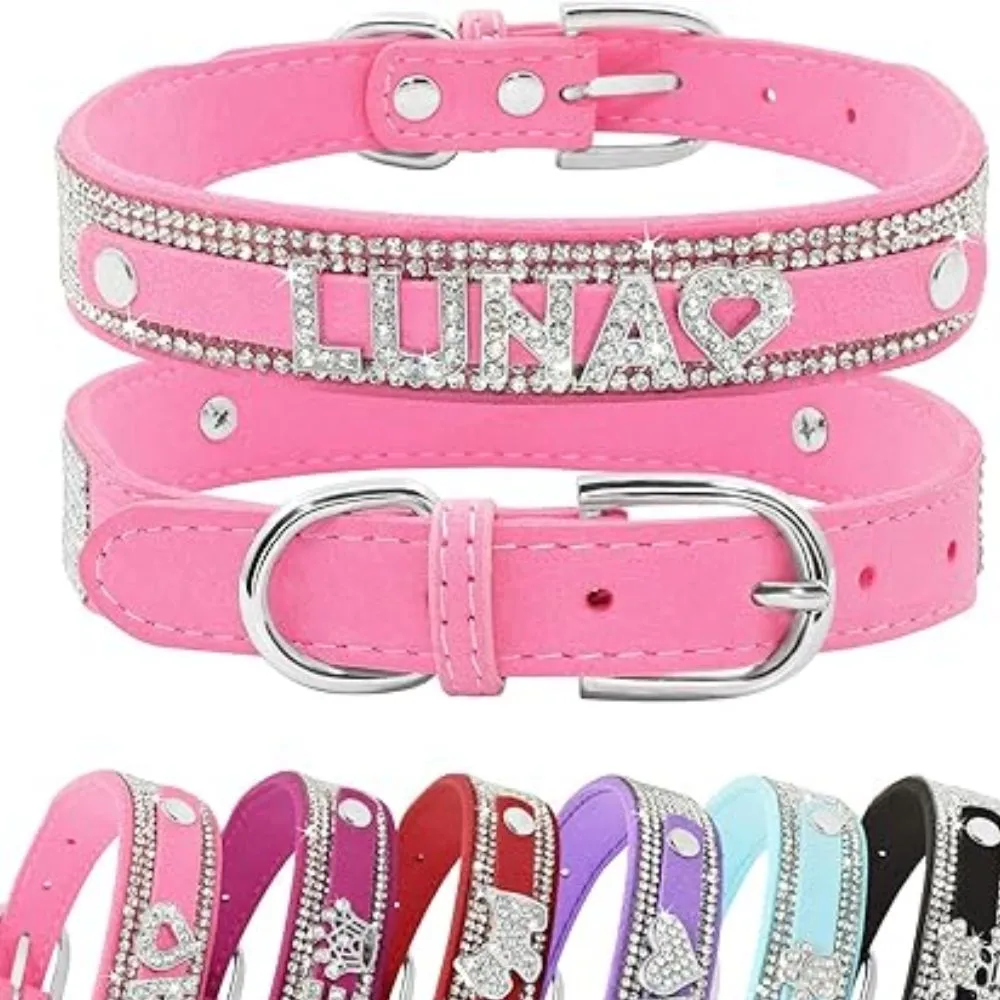 "Pink personalized rhinestone dog collar with 'LUNA' name in crystals, showing multiple color options"