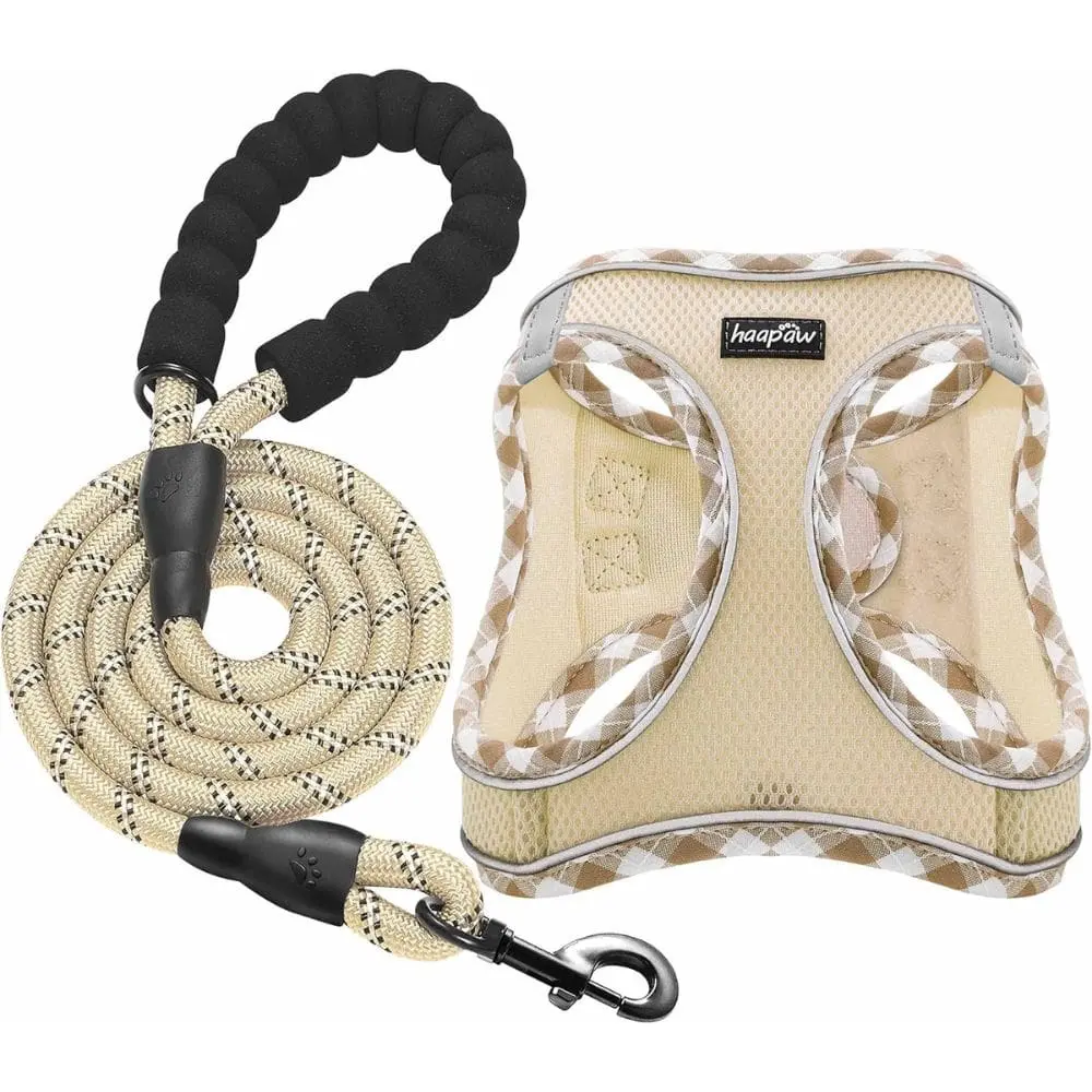 "Beige dog harness and leash set with geometric pattern trim and padded comfort handle"