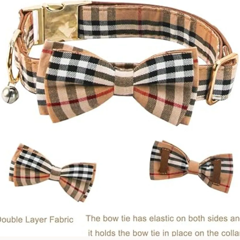 "Plaid dog collar with removable bow tie in beige and black checkered pattern"