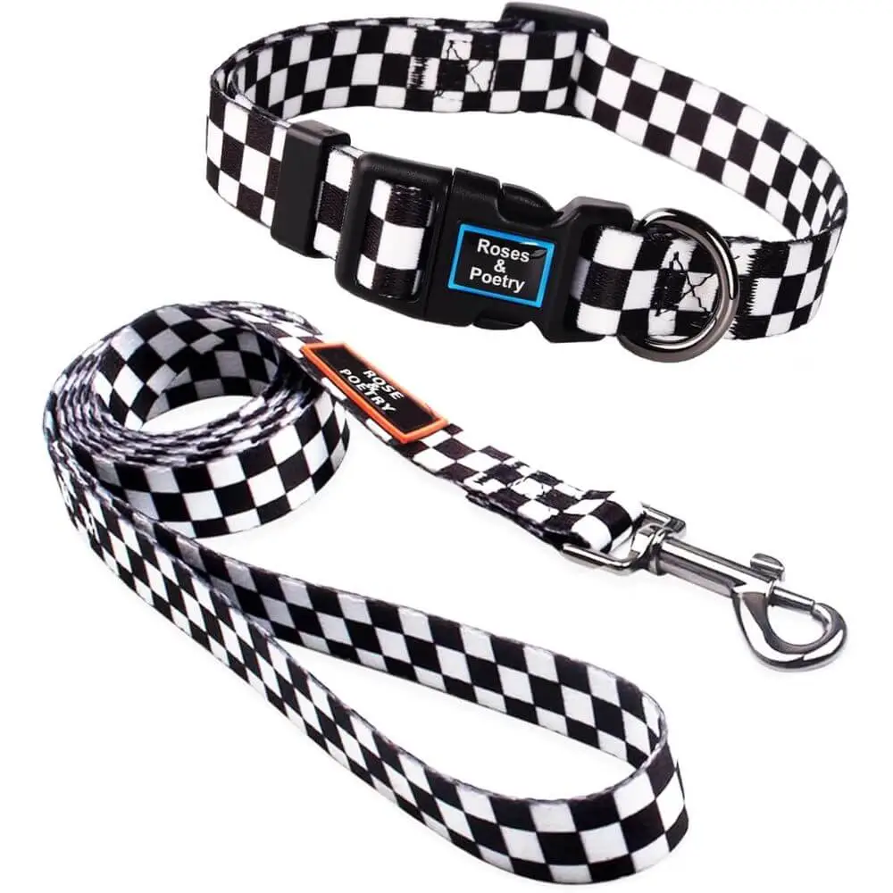 "Black and white checkered dog collar and leash set with metal hardware and Roses & Poetry branding"