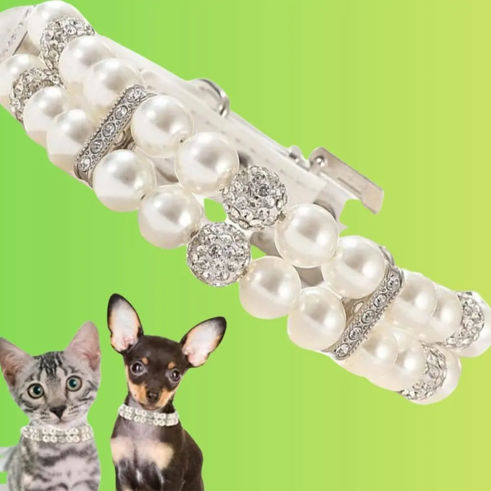 "Luxury pearl and rhinestone pet collar with kitten and puppy wearing matching collars"