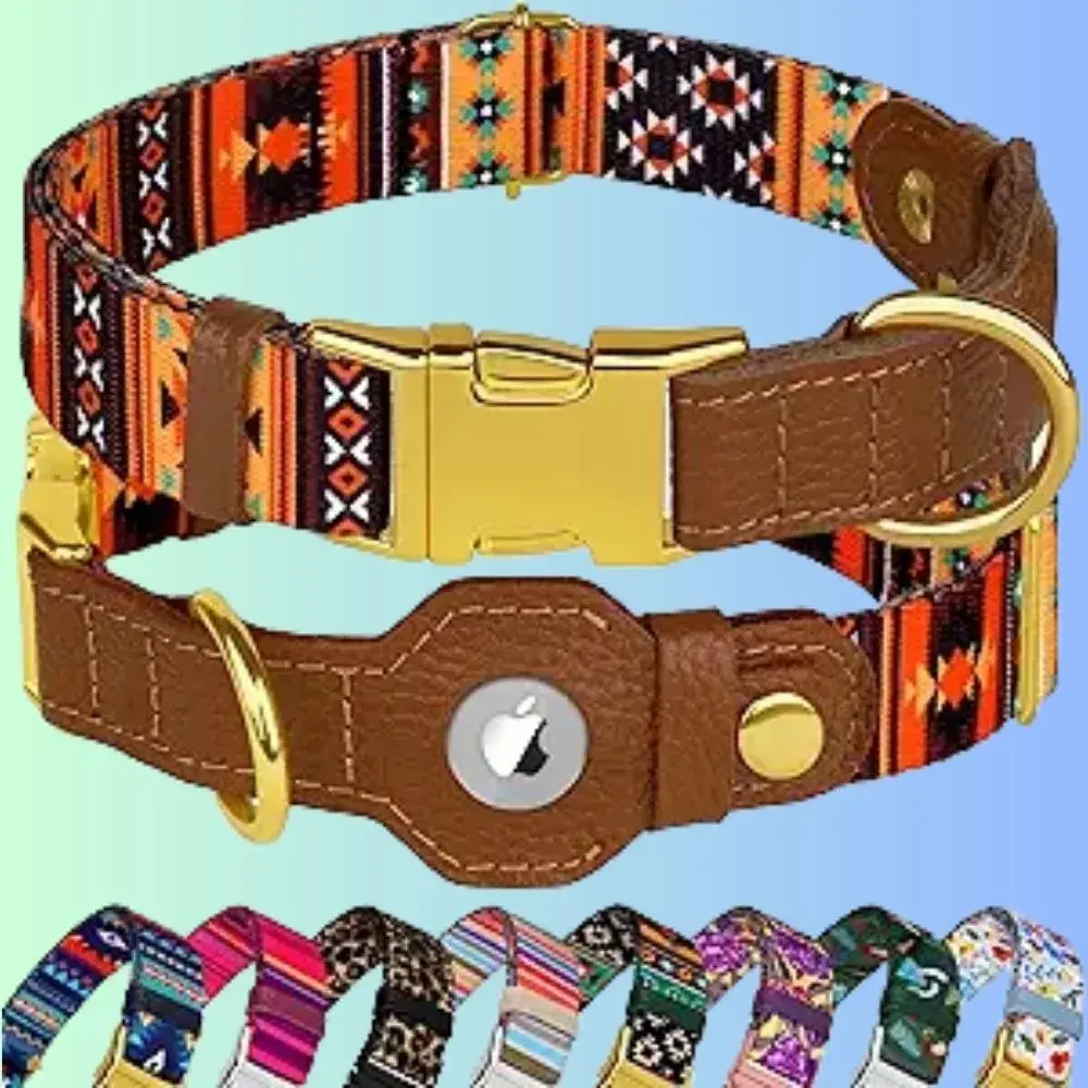 Colorful geometric patterned dog collar with gold buckle and integrated AirTag holder