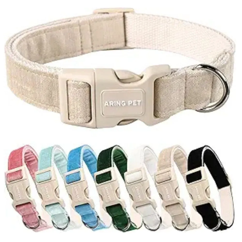 Alt Text: Three tactical dog collars in light blue, green, and navy blue with black metal buckles and D-rings, featuring geometric logo patches