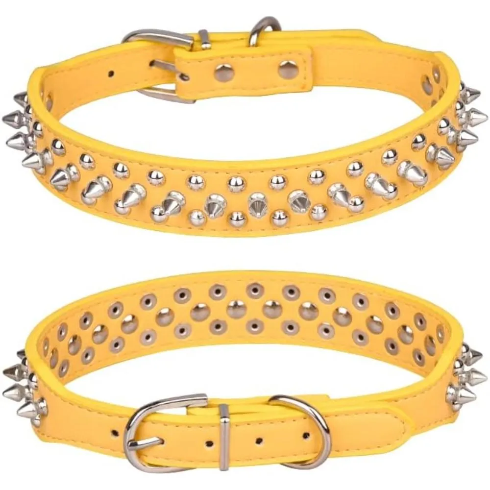 "Bright yellow leather dog collar with silver metal studs and spikes, showing front and back views with adjustable buckle and D-ring hardware"