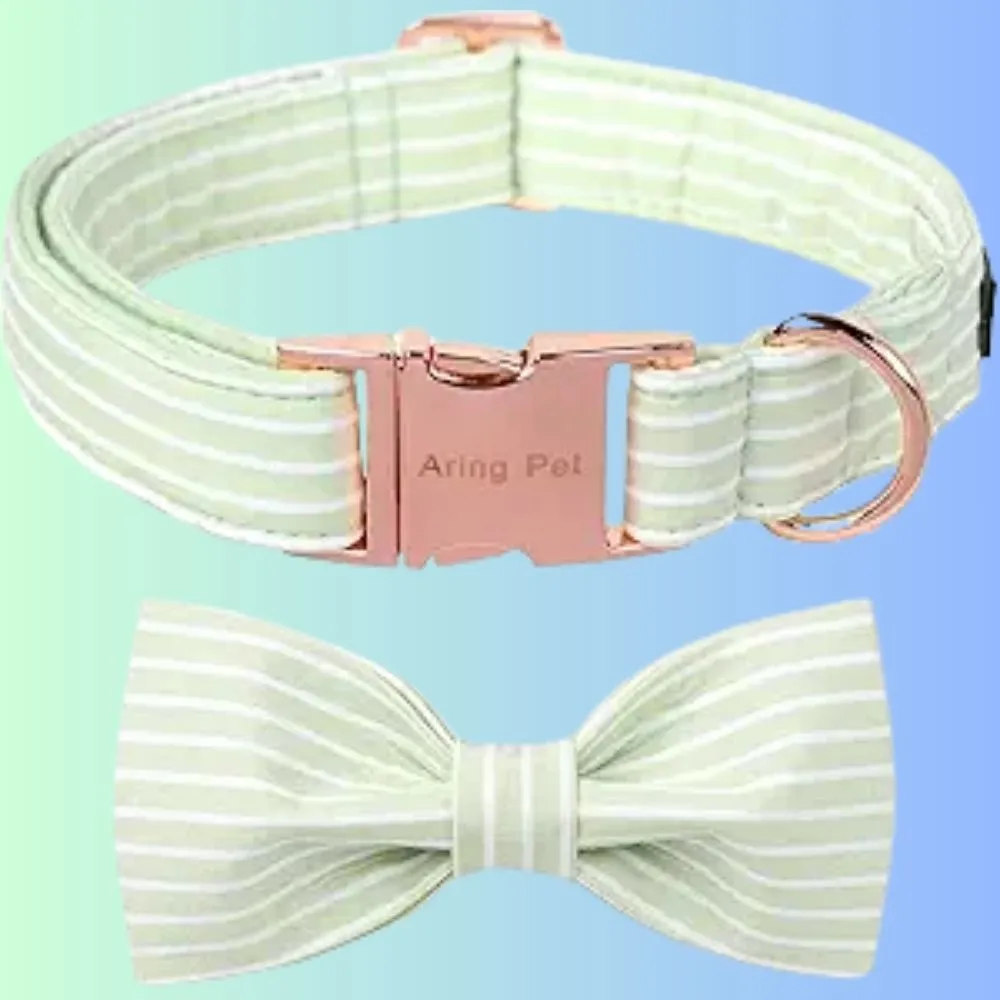 "Elegant cream-colored pleated dog collar with rose gold buckle and matching bow tie accessory on gradient blue background"