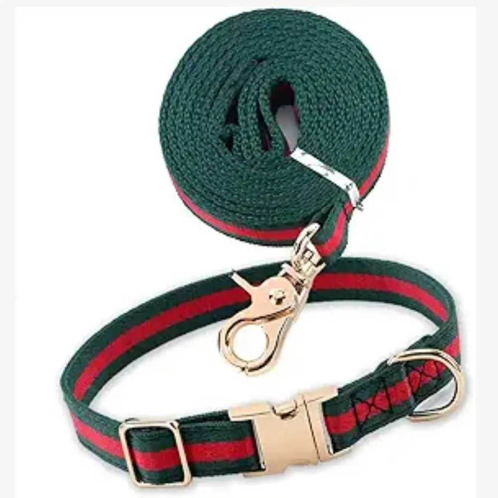 Designer dog collar and leash set in green and red striped pattern with gold hardware inspired by luxury fashion"