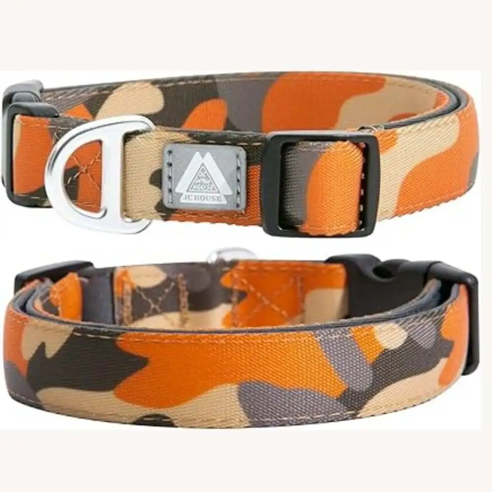 Orange camouflage dog collar with metal D-ring and quick-release buckle by Ice House brand