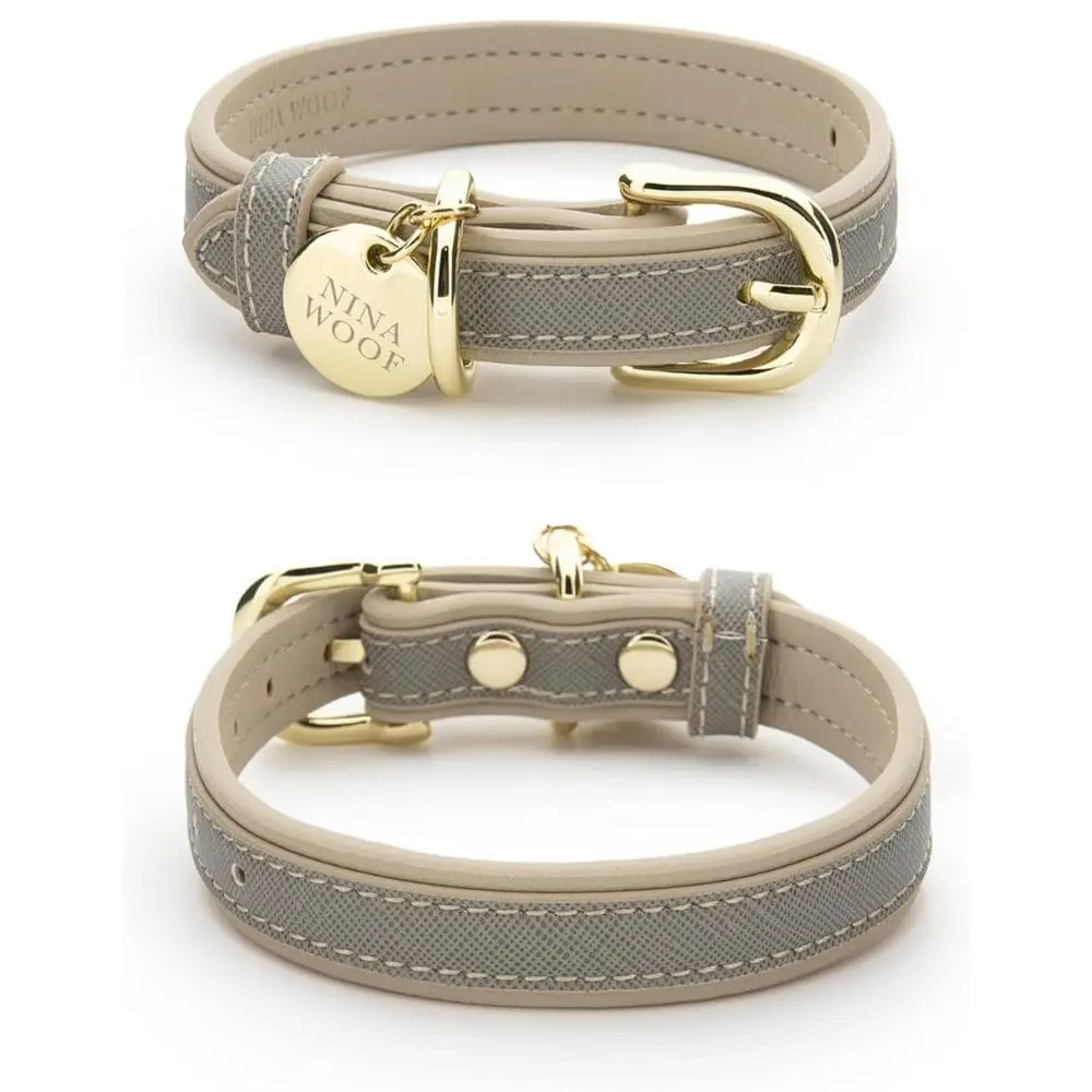 "Nina Woof designer dog collar in grey herringbone pattern with cream leather and gold hardware"