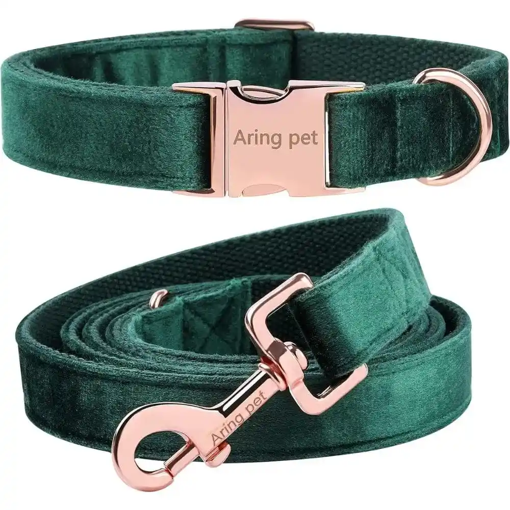 "Emerald green velvet dog collar and leash set with rose gold hardware by Aring Pet"