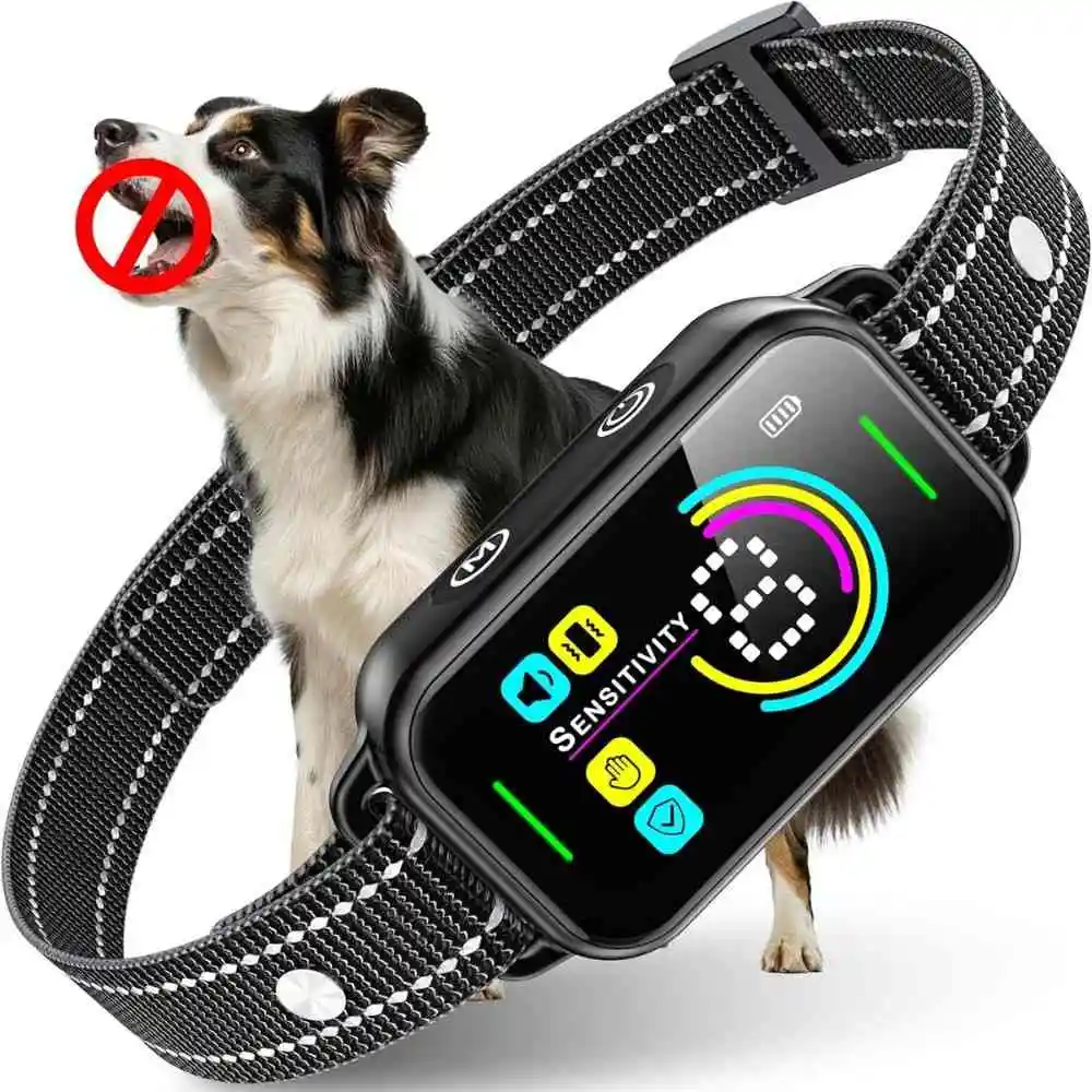 Reflective bark collar with sensitivity settings for medium to large dogs demonstrated on Border Collie