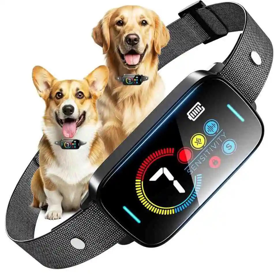 Smart bark collar for large dogs with sensitivity control and two happy dogs wearing collars
