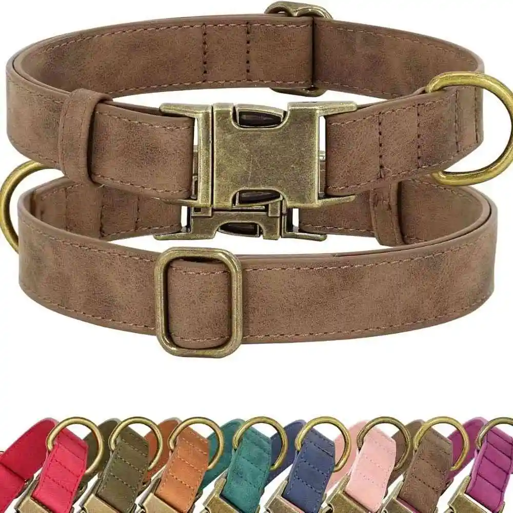 Brown leather dog collar with quick-release buckle and brass hardware available in 8 colors
