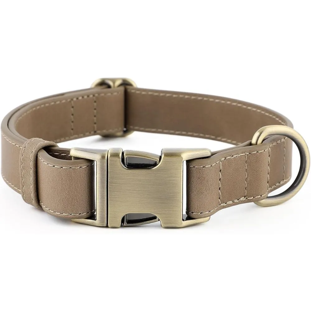 "Brown leather dog collar with metal hardware"