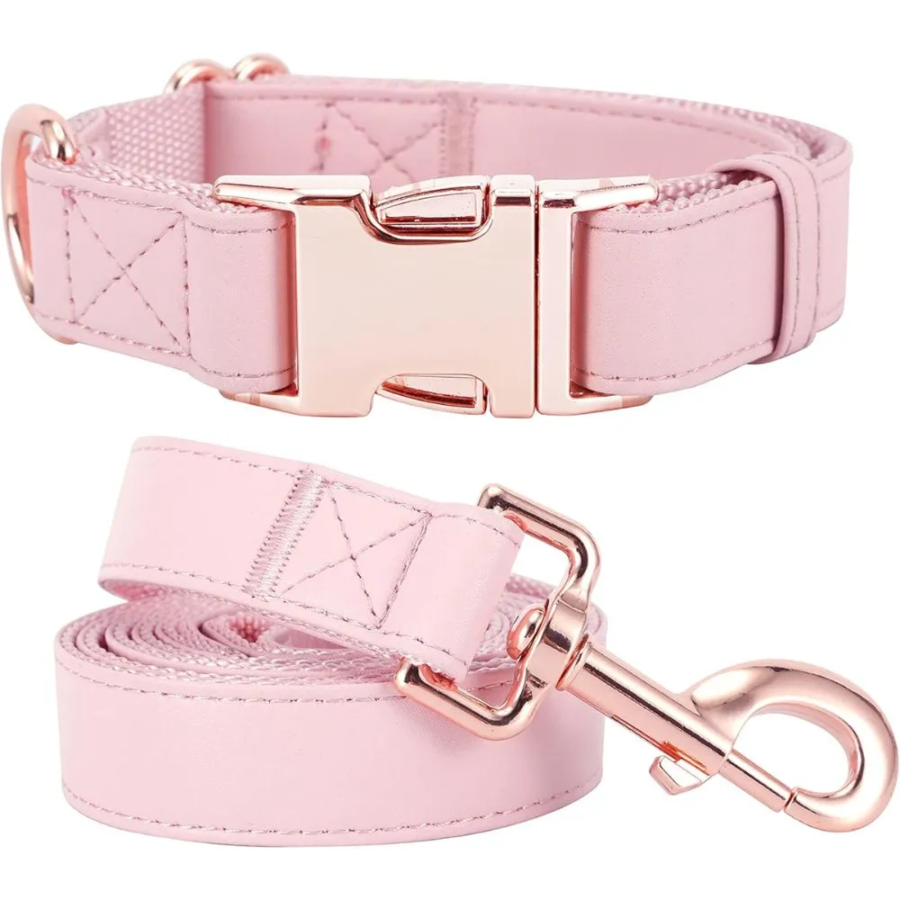 "Pink dog collar and leash set with rose gold hardware and quilted diamond pattern"