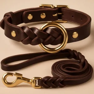 Genuine Leather Dog Collar Leash Set – Braided Leather Collar and Matching Durable Leash for Medium and Large Dogs