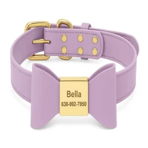 Personalized Dog Collar with Bowknot Design – Engraved PU Leather Adjustable Collar for Small to Large Dogs