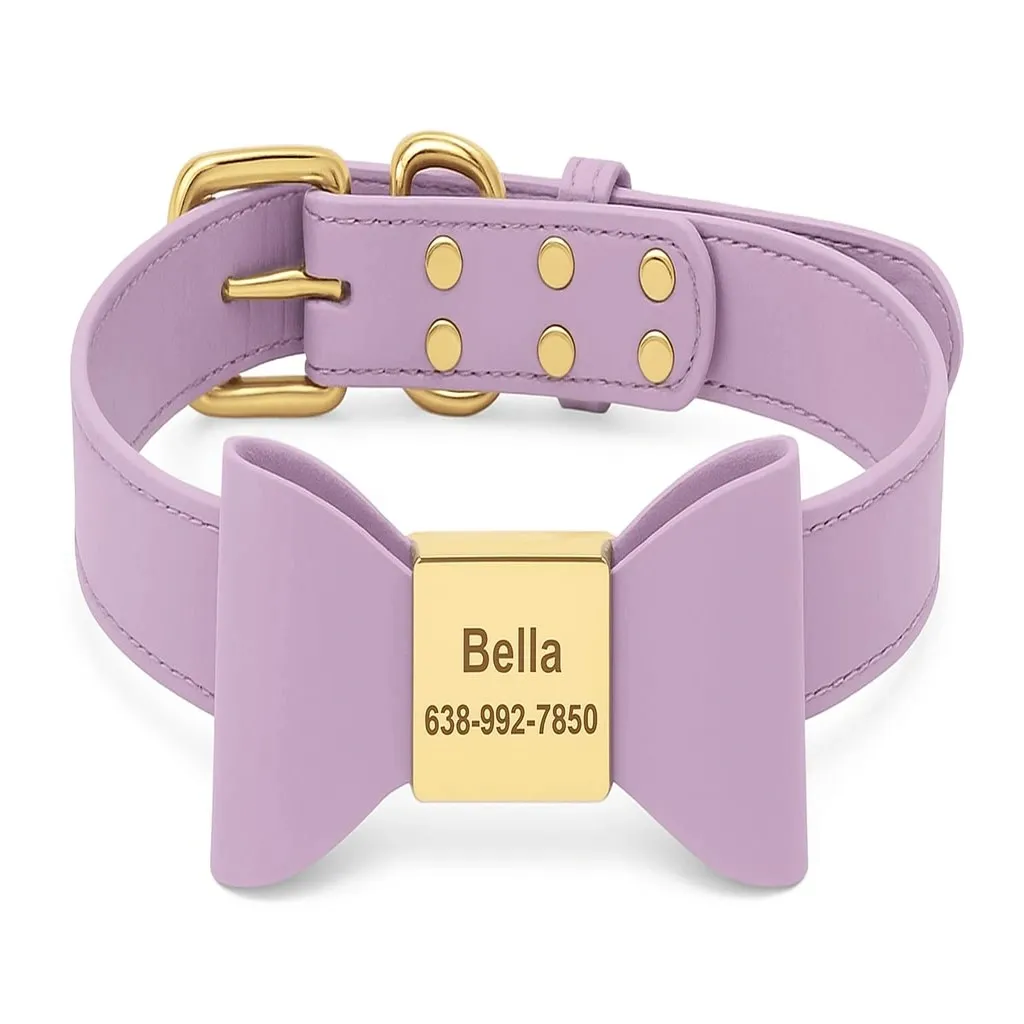 Personalized Dog Collar with Bowknot Design – Engraved PU Leather Adjustable Collar for Small to Large Dogs
