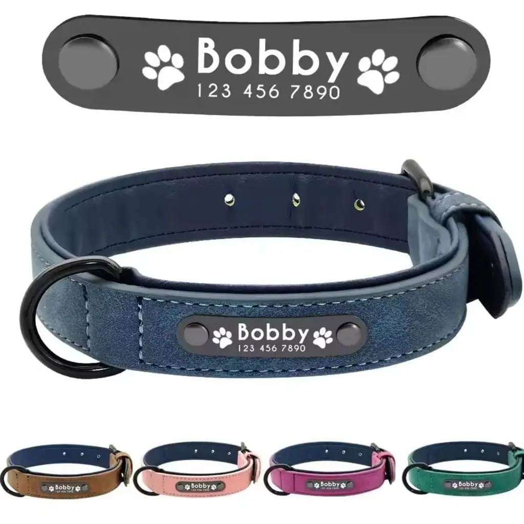 Personalized Dog Collar with Names, Leather Collar with ID Tags for Small, Medium, Large Dogs (Pitbull, Bulldog, Beagle)